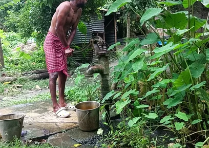 Tha naked Indian mature man shower in open place and showing body and dick..