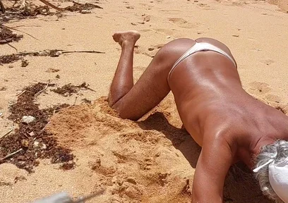 Ladysilva Femboy on the Beach Wearing Panties Showing off Her Hot Big Ass