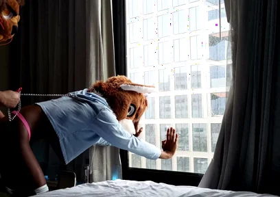 Bareback Femboy Furry Fursuit Fuck in Front of Window