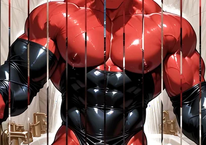 Oni Demon Solo Pumping with Condom Stretched Tight in Marble Bathroom