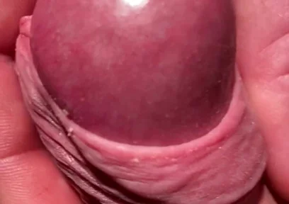Edging His Big Cock Head with His Own Foreskin Until He Cums