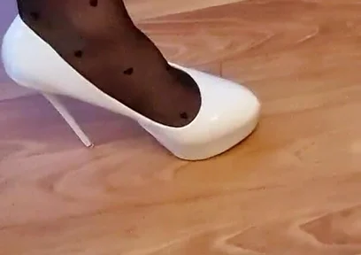 Sexy Trio of High Heels, I Secretly Walk in Their Pantyhose and Play with the Heels